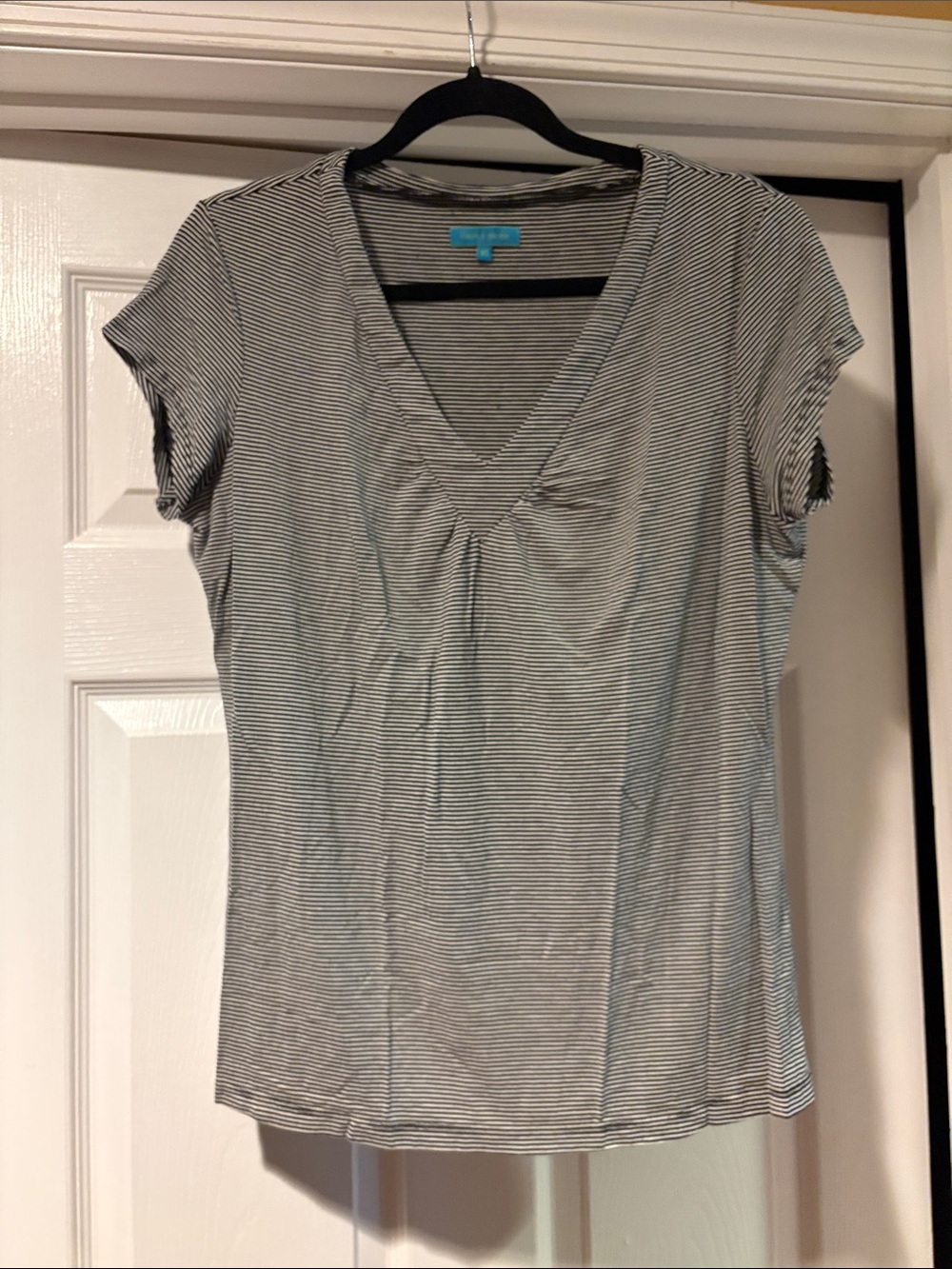Cable & Gauge Black and White Striped V-Neck Short Sleeve Top
